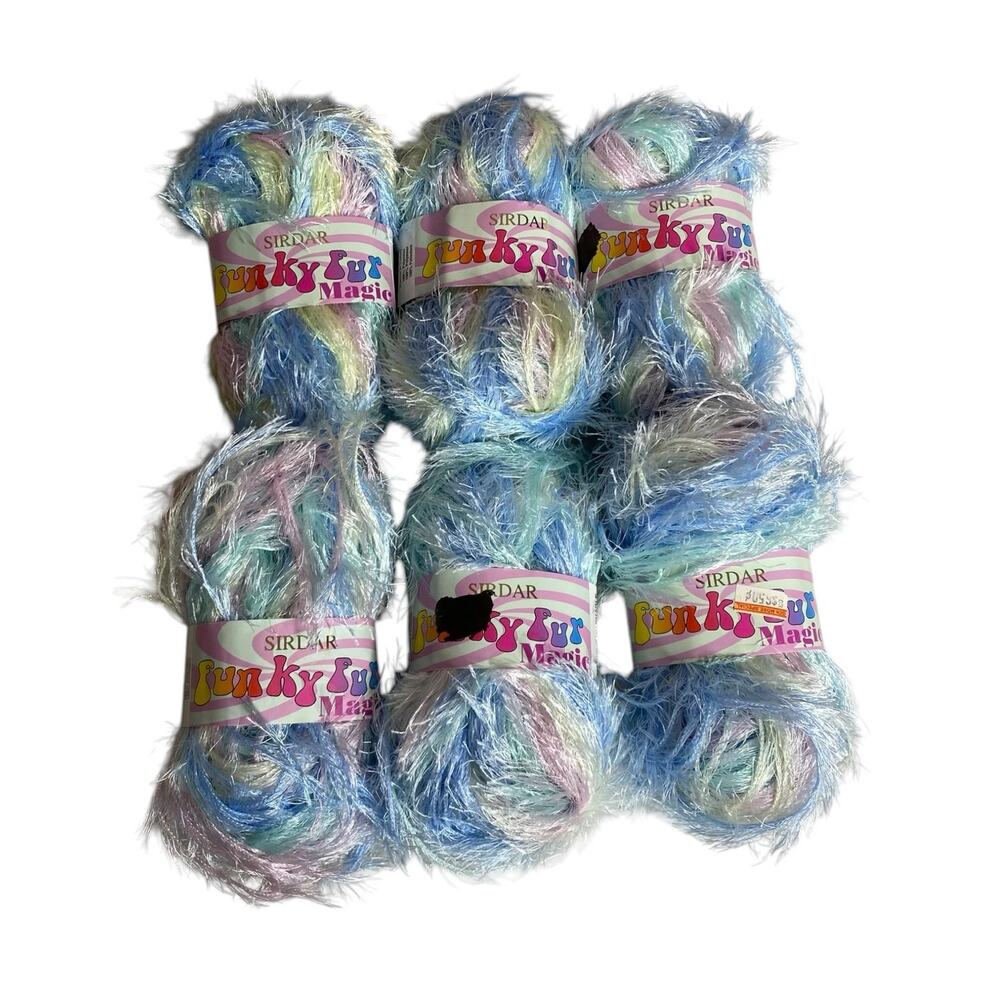 6 Skeins Sirdar Funky Fur Magic Eyelash Yarn Pink Blue Pastel Polyester 300g NWT